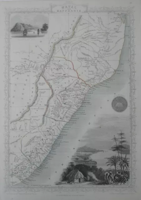 Original 1851 Tallis Map SOUTH AFRICA East Coast Natal Durban Zaffraria Zululand