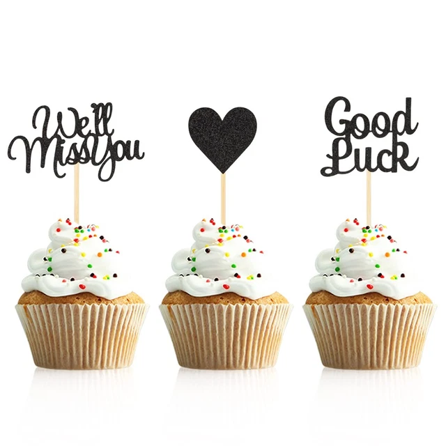 24 Pieces Black Glitter We Will Miss You Cupcake Toppers Good Luck He...
