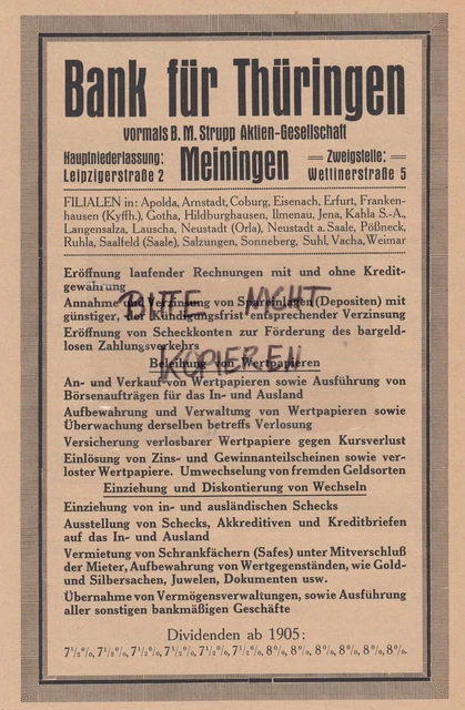 MEININGEN, Werbung 1920, Bank für Thüringen vorm. B. M. Strupp AG