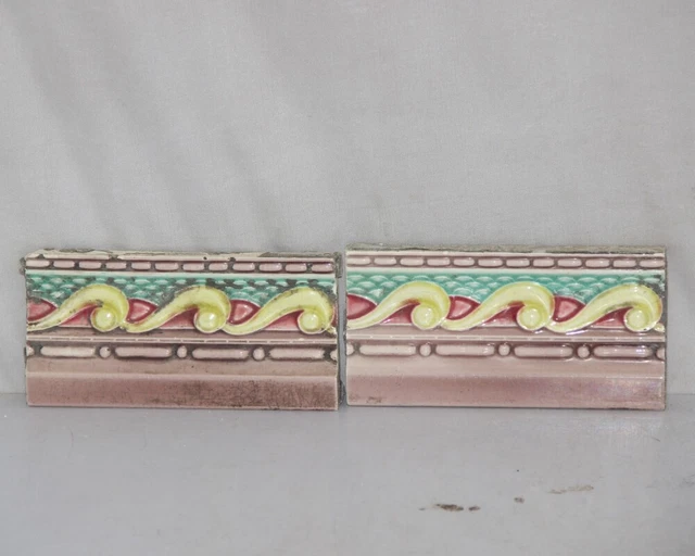 2 Pc Vintage Flower Majolica Decorative Art Nouveau Architecture Tiles, Japan