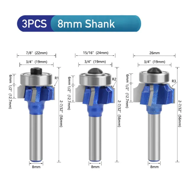 8mm Shank Round Over Edge Profile Router Bit 1/2/3mm Radius 4Flutes/Blades/Wings