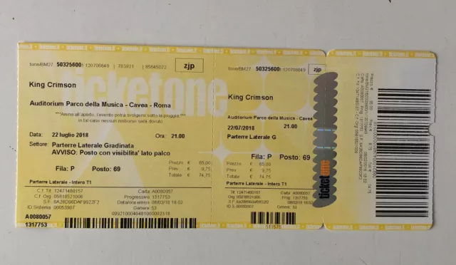 Biglietto / Ticket Vintage Concerto 2018 King Crimson Auditorium Cavea Roma