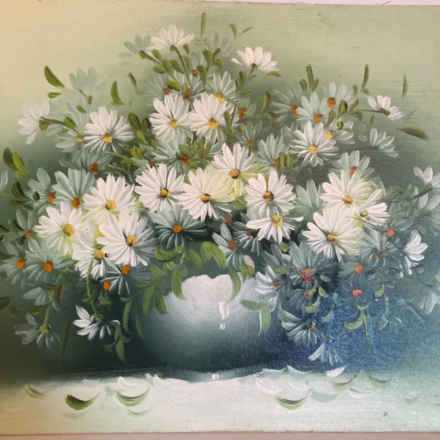 Vtg Original Oil Painting Canvas Board 16”x12 Floral Still Life Daisies Signed
