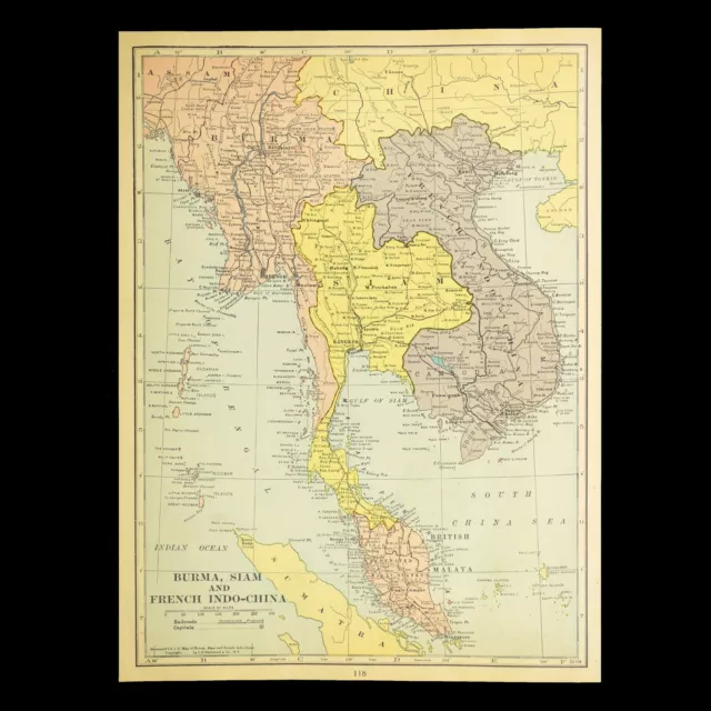 Vintage SOUTHEAST ASIA Map Indochina Thailand Siam Burma 1930s Original Antique