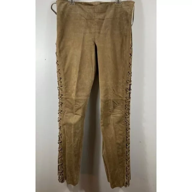 Womens Vintage B Lucid Tan Pig Split Leather Lace Western Cowgirl Lined Pants 12