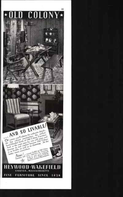 Vintage 1939 HEYWOOD WAKEFIELD OLD COLONY FURNITURE Magazine Print Ad 4 x 12" a7