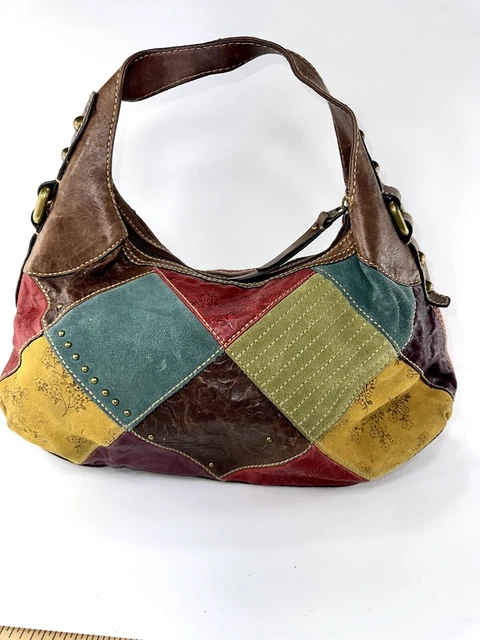 Fossil Patchwork Leather Canvas Suede  Purse Handbag Shoulder Bag Multicolor