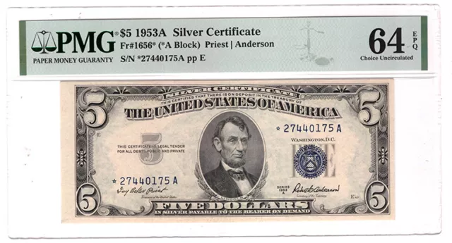 1953 A $5 Silver Certificate Star ⭐.  Fr# 1656⭐.  PMG ChCU 64 EPQ Y00009045
