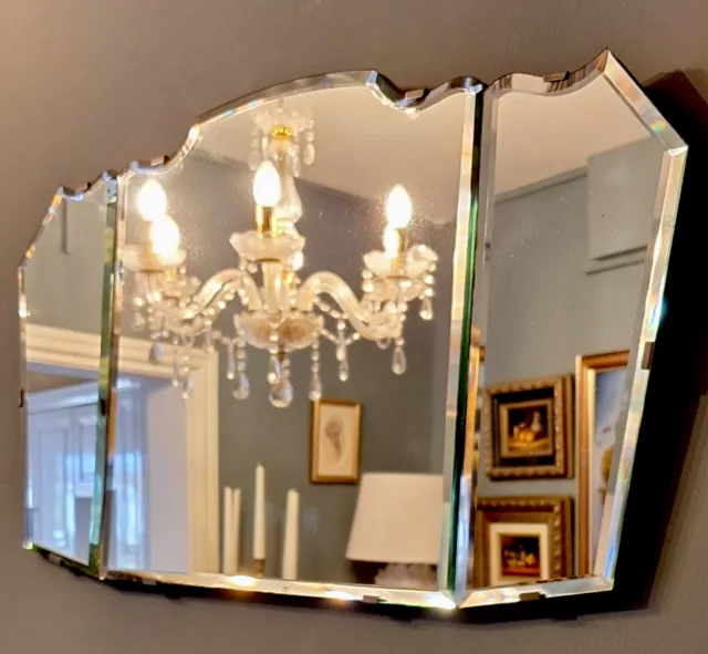 Art Deco Rare Shape Bevelled Edge, Stunning Detail Frameless Wall Mirror