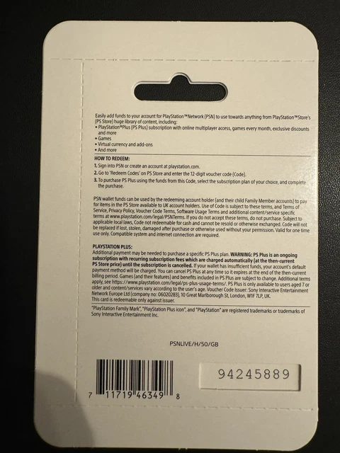 £50 UK PlayStation PSN Card GBP Wallet Top Up | Pounds PSN Store PS4 PS5 2