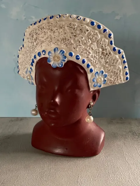 Vintage Lady Head Vase Gorgeous 1956 Napco Ethnic Woman Headdress & Pearls 5.5”