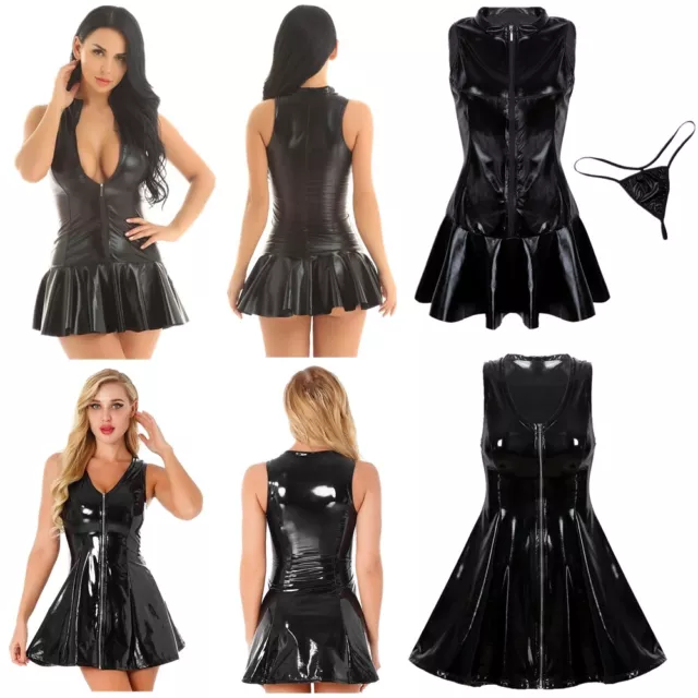 TiaoBug Damen PU Leder Kleid Wetlook Ärmellos Reißverschluss Minikleid Clubwear