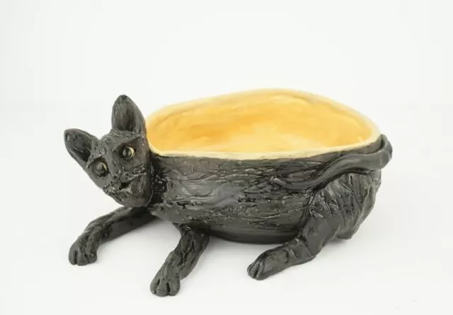 Kitchen Bowl Dish Large Old Handmade Ceramic Gray Cat Animal Figurine Souvenir