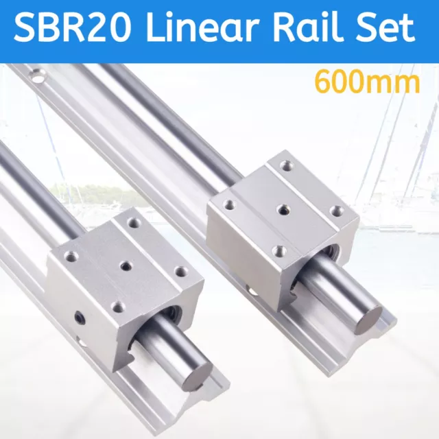 2Pcs SBR20 600mm Linear Rail Slide Guide Shaft ROD+4X SBR20UU Blocks Bearing US