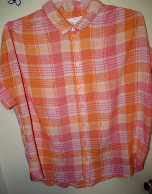 Time And Tru women's size L (12-14) S/S plaid button up roll cuff shirt NWT NICE