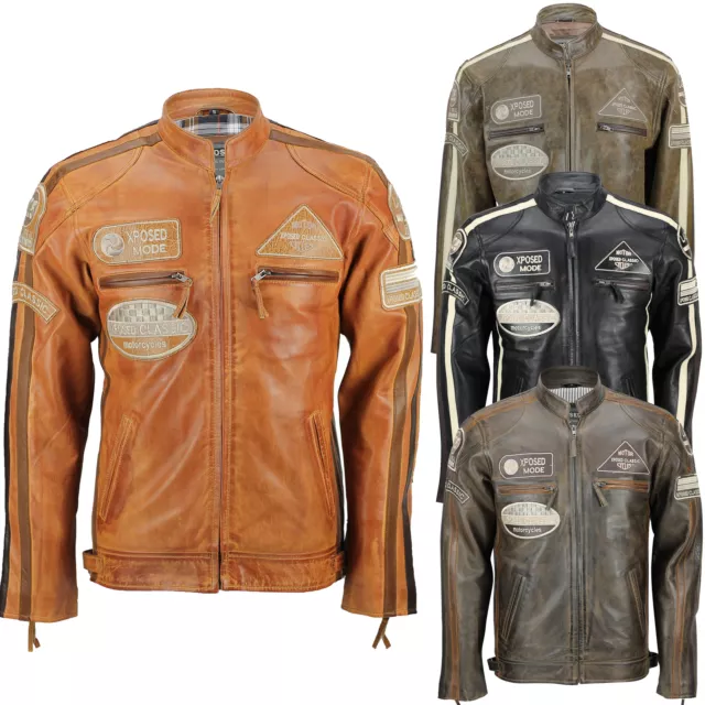 XPOSED MENS REAL Leather Tan Brown Racing Badges Biker Jacket