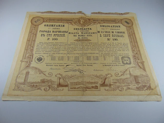 1903 Share Certificate Warsaw Poland 100 Rouble Loan Warszawy Ephemera Original