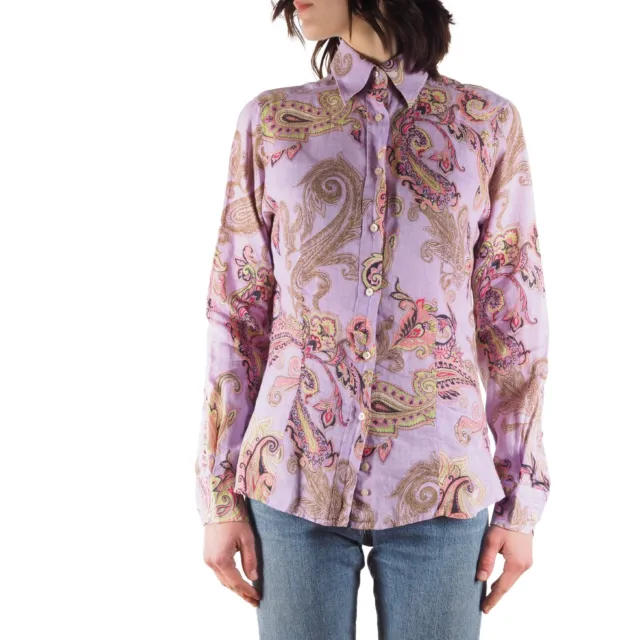 ETRO Women's Floral Purple Paisley Linen Cotton Long Sleeve Blouse Shirt size 46