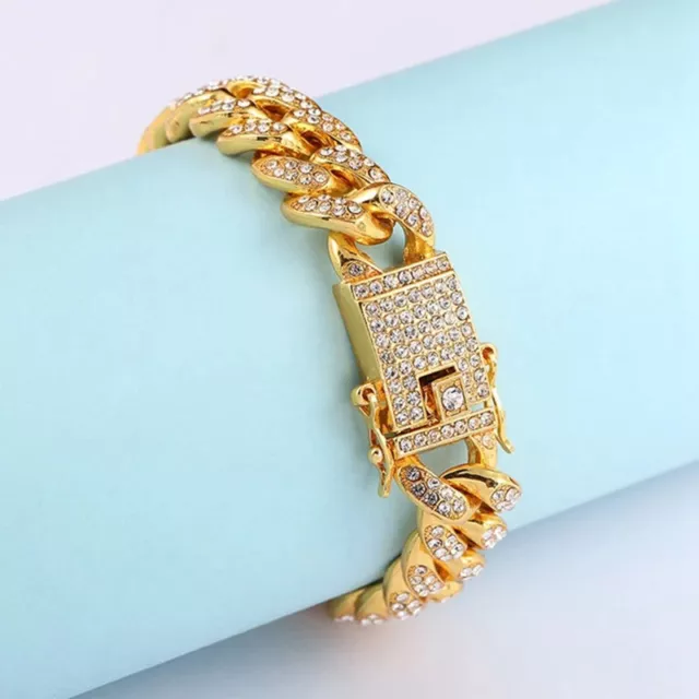 New Fashion Luxury 12mm Iced Out Cuban Link Chain Bracelet For Women Men Gold S