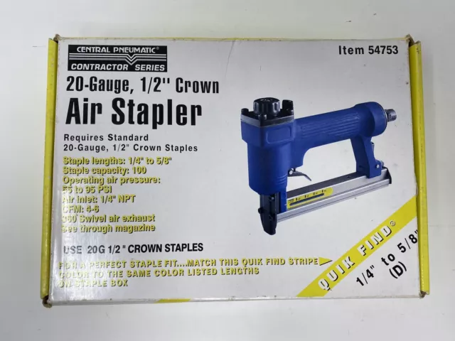 Central Pneumatic 20 Gauge 1/2 In Crown Air Stapler - 20 Ga Crown Staples 54753 Central Pneumatic 20 Gauge 1/2 In Crown Air Stapler - 20 Ga Crown Staples 54753