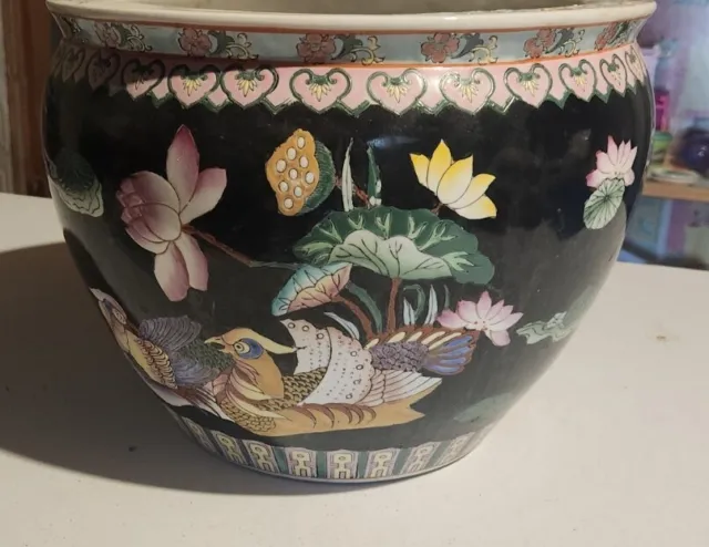 LRG Vtg Chinese Koi Fish Bowl Jardiniere Pot Planter Hand Painted Porcelain 12"W