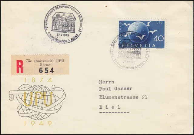 Schweiz 524 Weltpostverein EF auf Schmuck-R-Brief SSt BERN 75 Jahre UPU 27.5.49