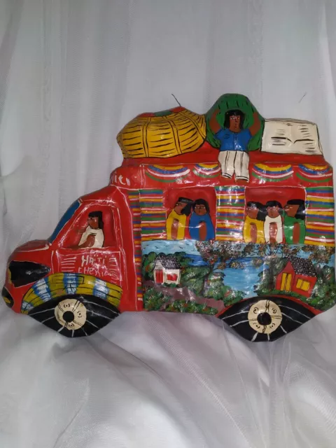 VINTAGE HAITI PAPER MACHE FOLK ART BUS Signed MARIO TROIS ROIS