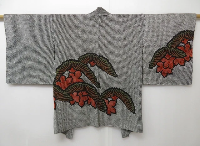 1409T02z500 Japanese Kimono Silk SHIBORI HAORI Black Chrysanthemum