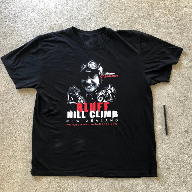 BURT MUNRO MOTOR Cycle Challenge Bluff Hill Climb NZ Black 2XL Cotton T-Shirt Â£16.40 - PicClick UK