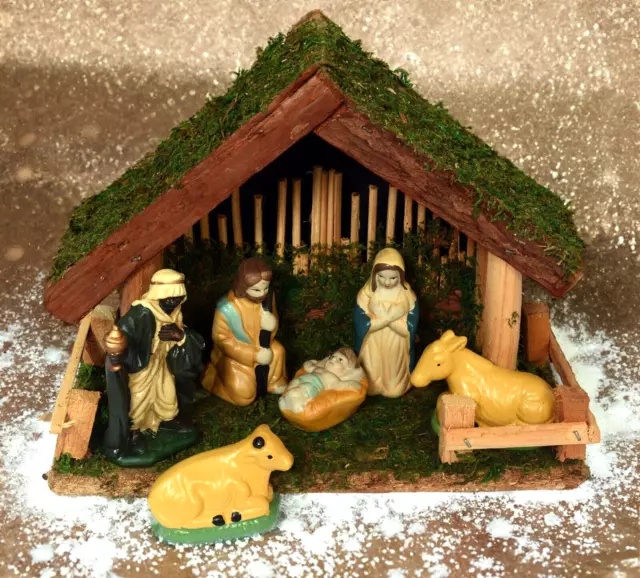 Boxed Xmas Nativity Set, Complete Christmas Stable Scene with Ceramic Figures