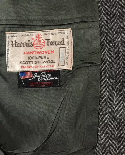VIntage American Craftsmen Harris Tweed Mens 38R Gray Herringbone Wool Blazer