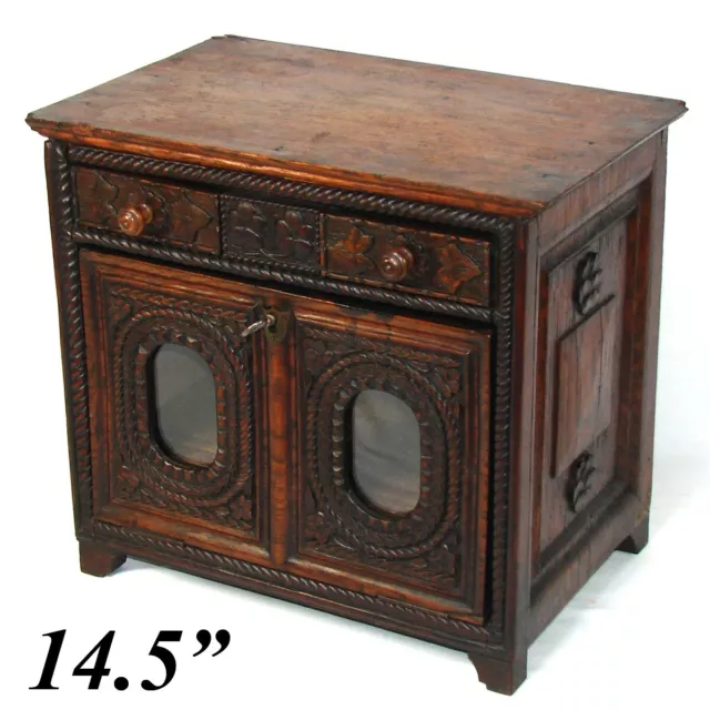 Antique Victorian Era French Brittany Carved 14.5" Chest, Cabinet, Bru Doll Size