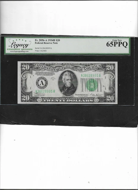 Federal Reserve Note Fr. 2056-A  1934B  $20  Gem New 65Ppq