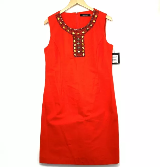 Ellen Tracy Women Red Sleeveless Round Beaded Neck Back Zip Shift Dress Size 12