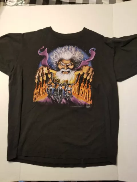 Vtg 1992 3D Emblem Fear No Evil Wizard T-shirt Mens  Harley Davidson Motorcycle