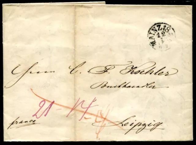 MAINZ 1851 BRIEF nach LEIPZIG (J3903