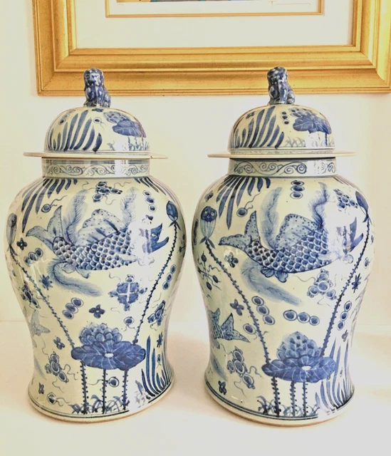 Chinesisch Orientalisch Blau & Weiß, 48 cm, Fisch & Blumenmuster Design Ingwer Tempel Glas X 2