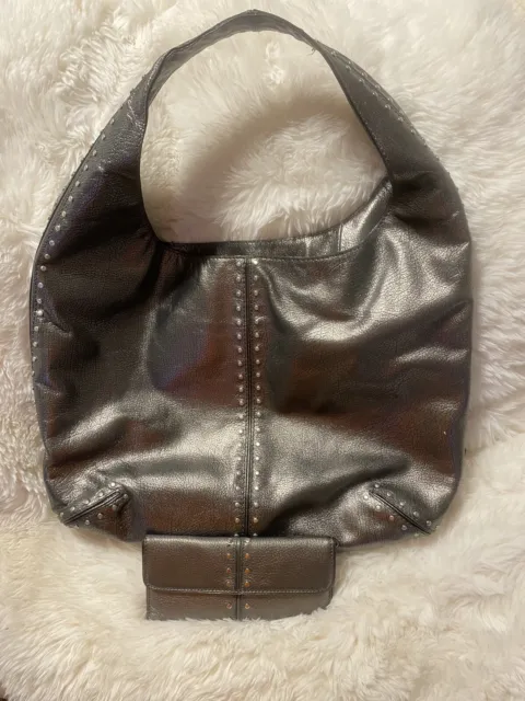 Michael Kors Astor Large Studded Hobo/Shoulder Bag Gunmetal Pebble Grey Leather