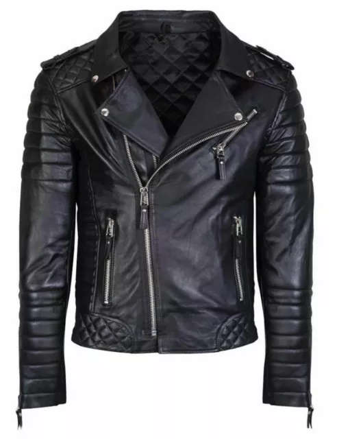 Men's Genuine Lambskin Leather Jacket Black Slim Fit Cafe Racer Biker Jacket New