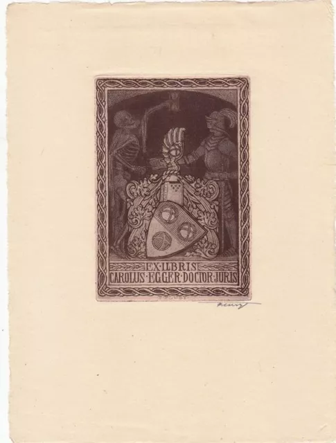 Exlibris Bookplate Etching Paul Flury 1878 1968 Arms Knight Death Hourglass