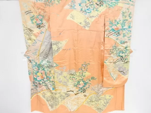 84469# Japanese Kimono / Antique Furisode / Embroidery / Floral Cart