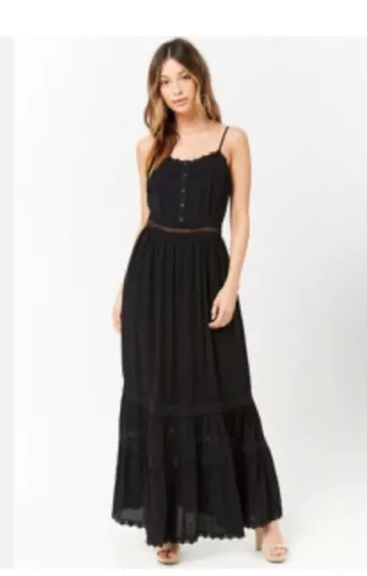 Forever21 Black Crochet Maxi Crepe Woven Dress Lace Cut out Cami straps M Runs S