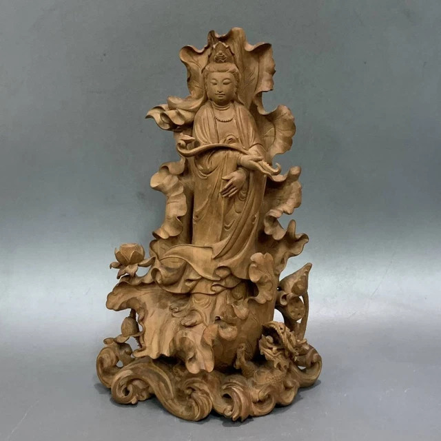 KANNON BOSATSU DRAGON BUDDHA Wooden Statue 11.4 inch Old Japanese Antique Art