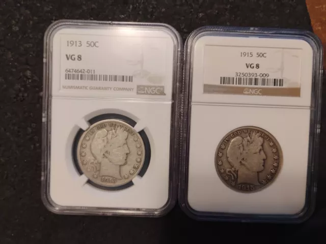 1913 P & 1915 P  Barber Half Dollar 2 Coin Set NGC VG8 LOW Mintage Years