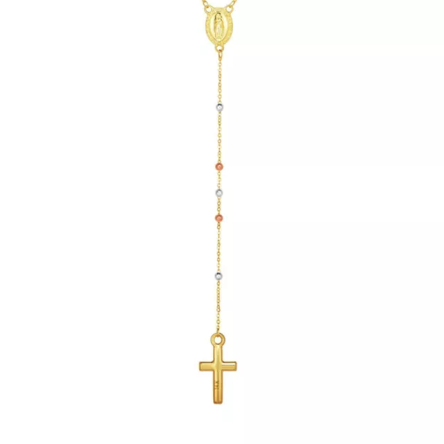 14K Gold Tri-color Multi Tone Bead Rosary Style Cross Necklace 26" 3