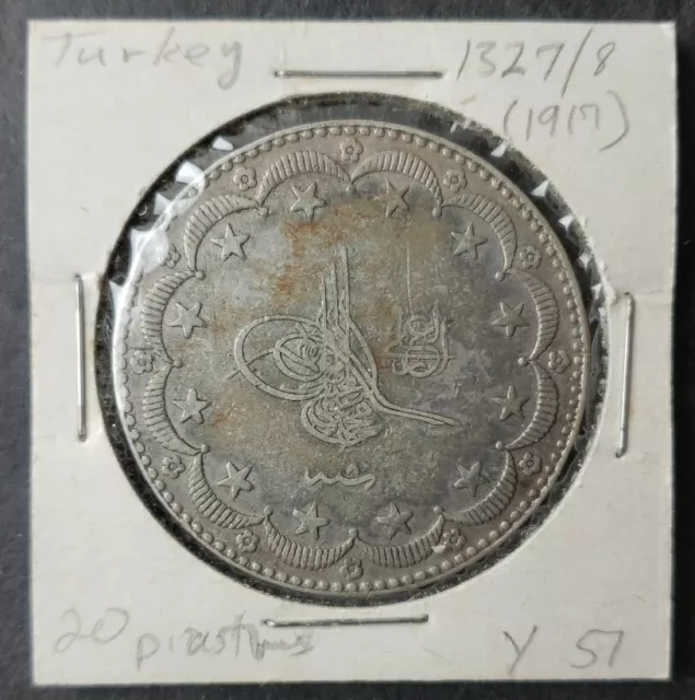 1917 Turkey 20 Kurush Silver Mehmed V Coin