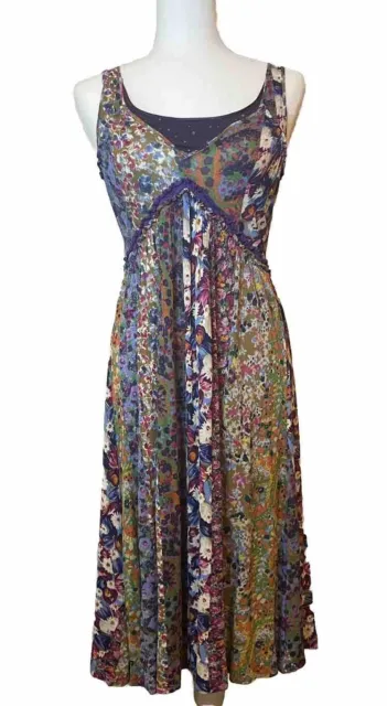 ETRO Dress Size 40 S 4 US Multi Floral Patchwork Print Midi Sleeveless y2k Italy