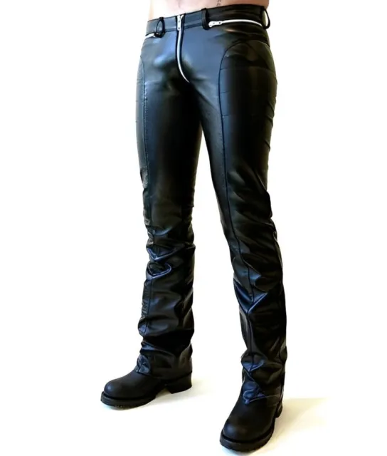 Men's Real Leather Pants Black Double Zipped Biker Trousers Motorcycle Jeans