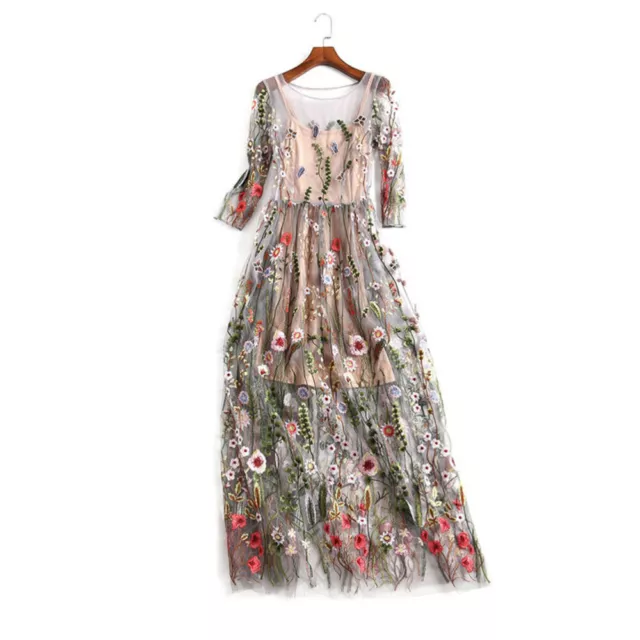Women Long Floral Embroidered Dress Half Sleeve Tulle Dress Elegant Slim Waist