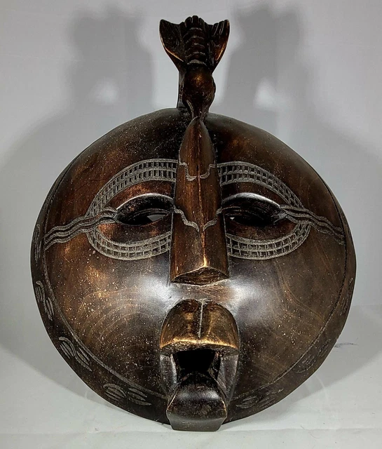 Vintage Wood African Hand Carved Art TRIBAL Bird Mask Heavy Ornament 13" x 13"